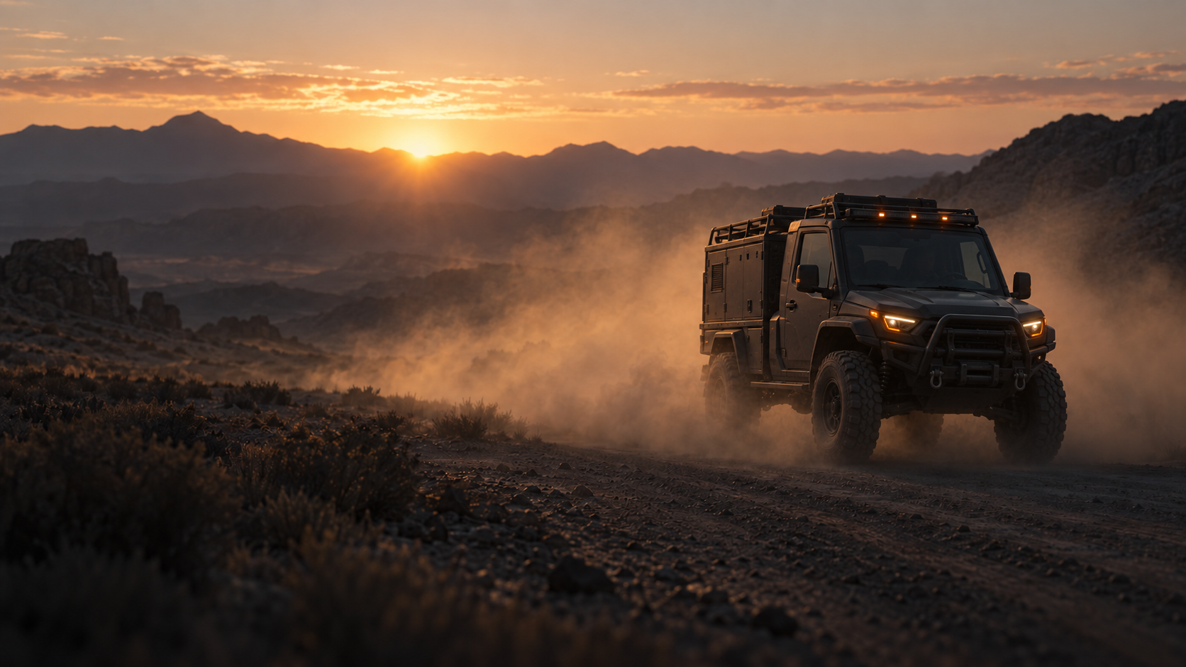 A compact purpose-built response vehicle traveling through rugged high desert terrain at sunrise