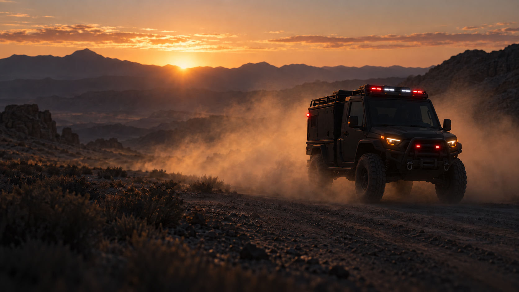 A compact purpose-built response vehicle with emergency lighting traveling through rugged high desert terrain at sunrise