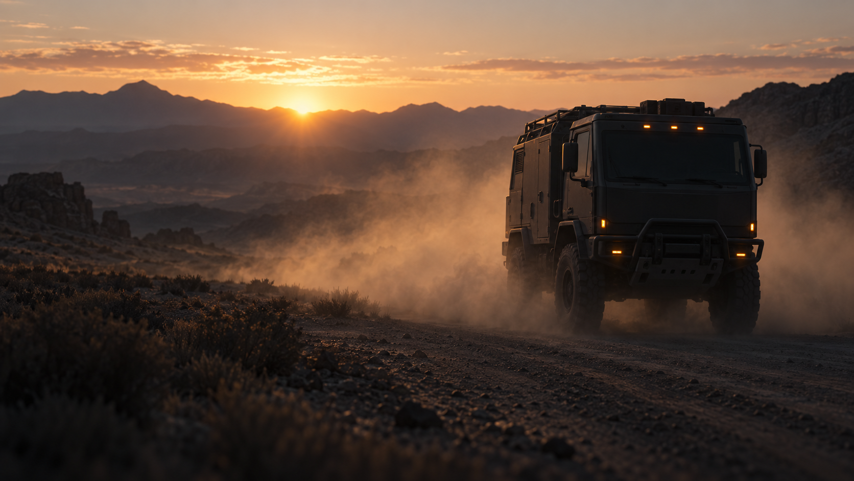 A concealed vehicle traveling through rugged high desert terrain at sunrise